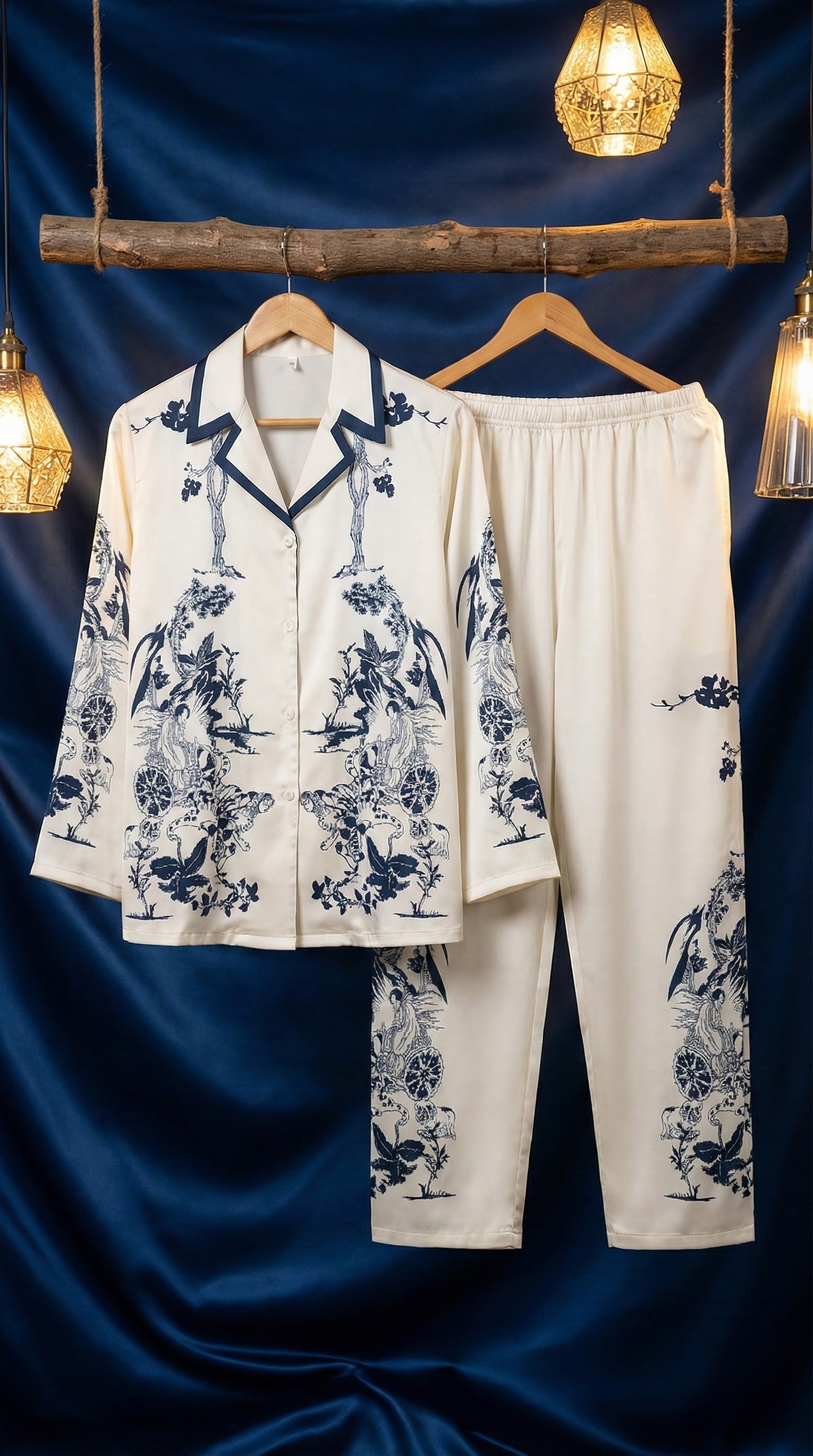 Women’s Cream and Navy Toile Print Satin Loungewear/Nightwear