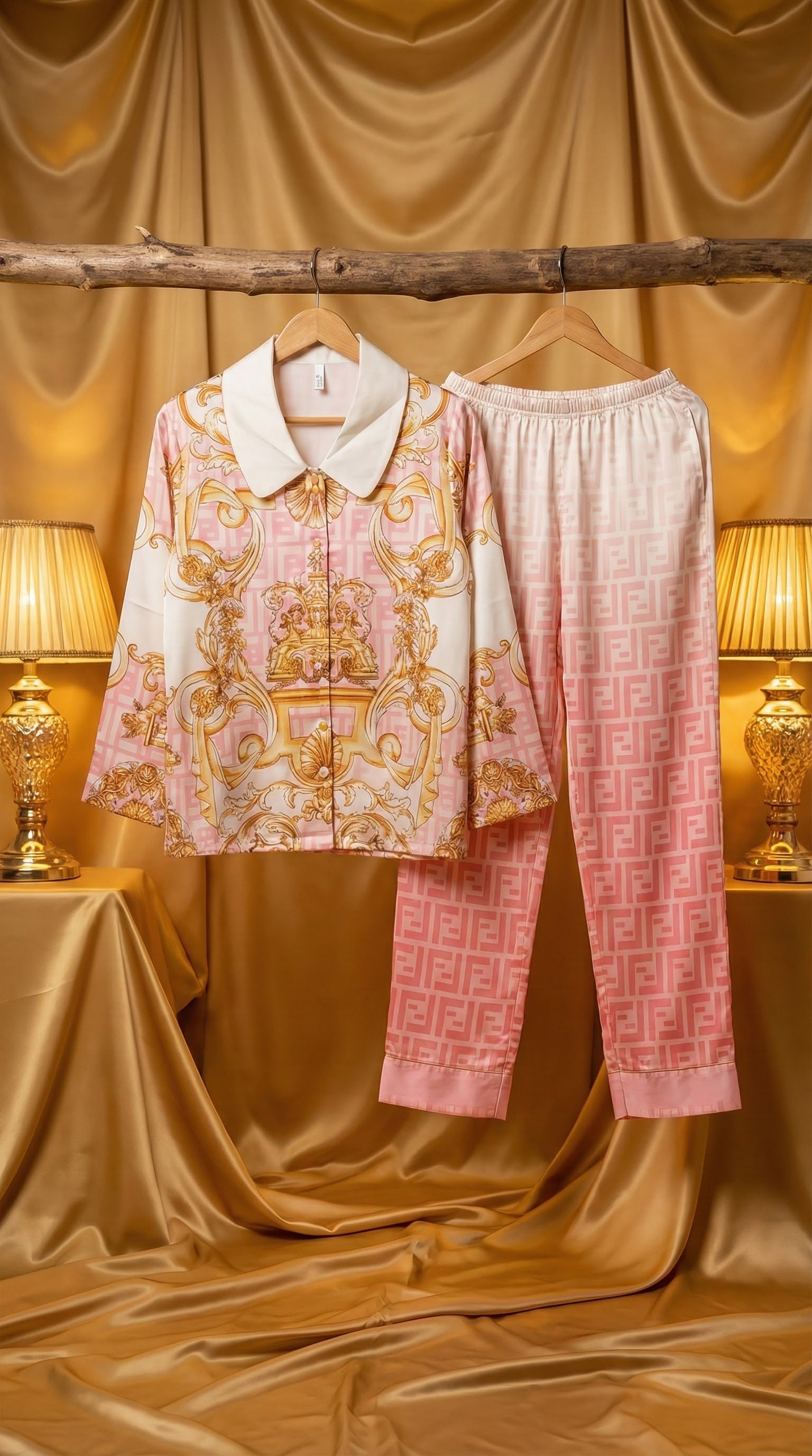 The Opulent Pink Baroque Satin Loungewear/ Sleepwear Set