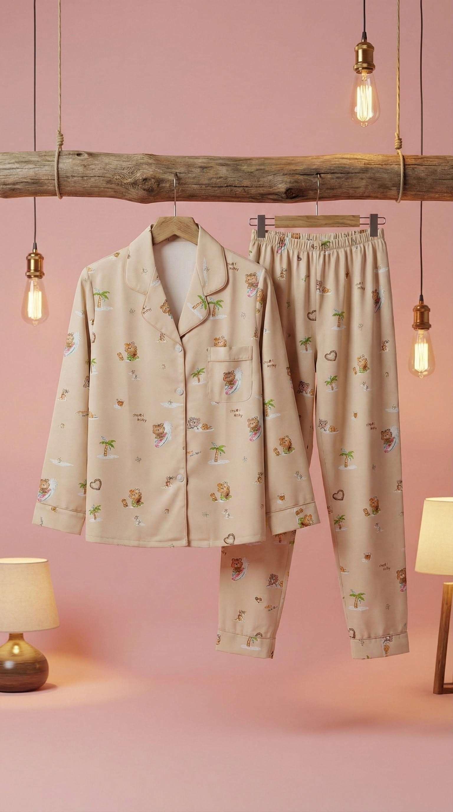 Beige Surfing Bear Button-Up Pajama Set