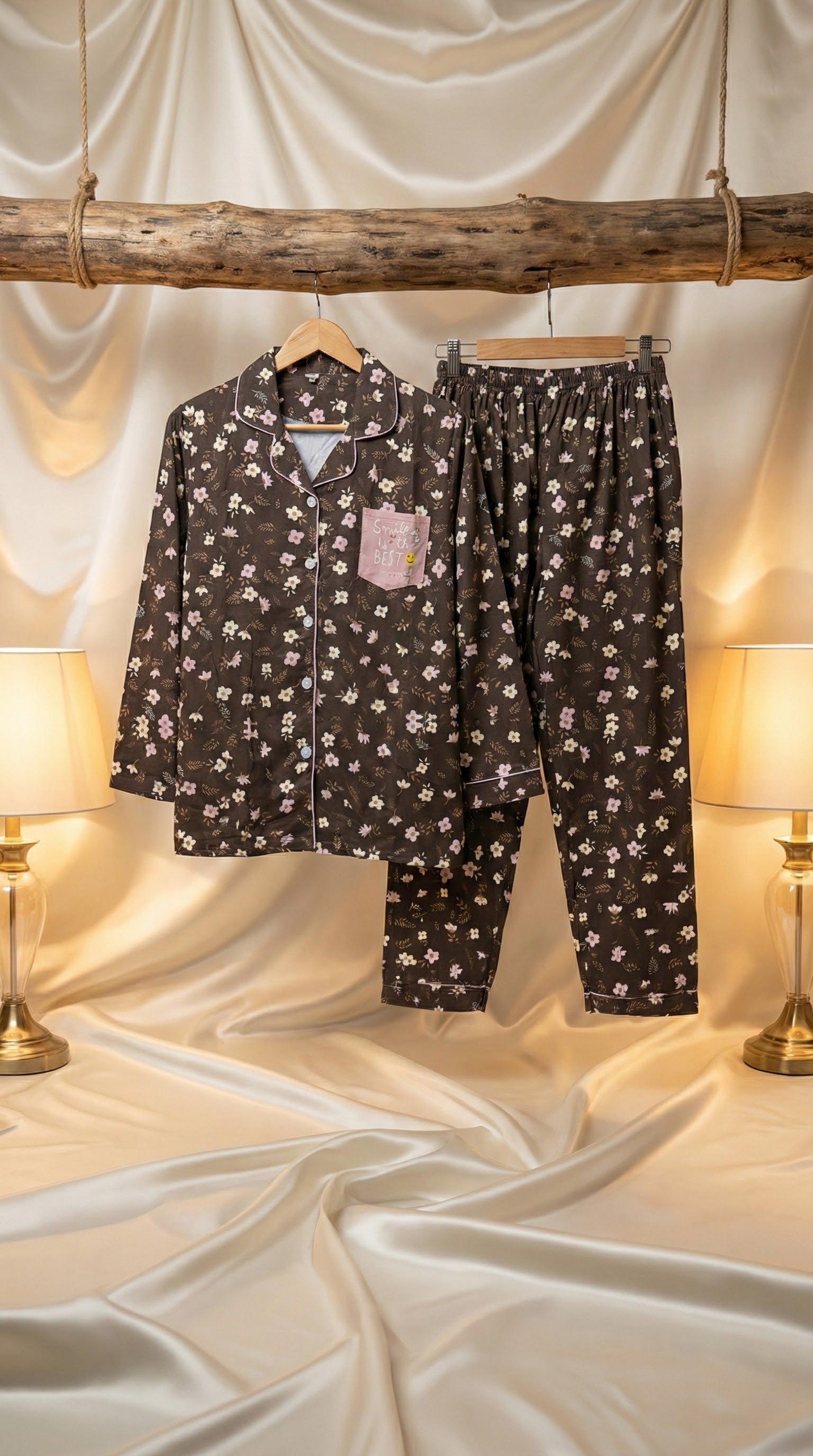 Floral Loungewear/Nightwear Set – Mocha Brown Cotton Jersey