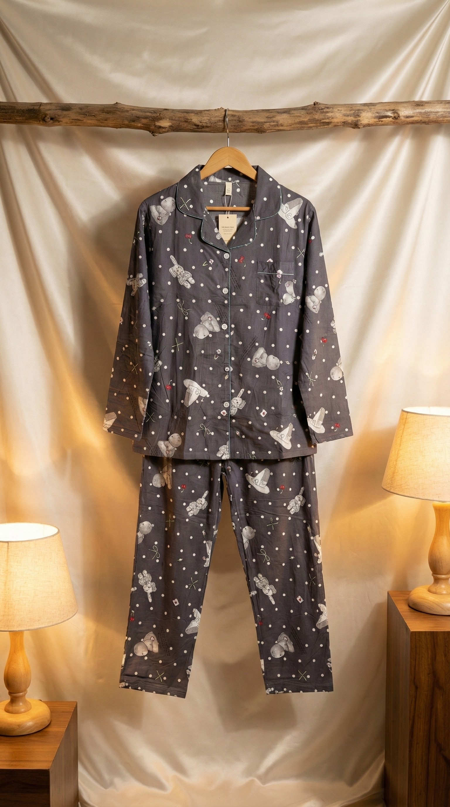 Charcoal Grey Whimsical Bear Print Pajama Set