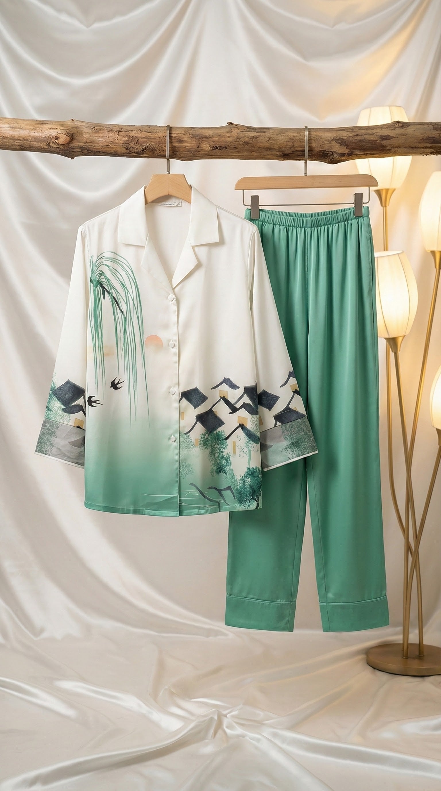 White and Green Ombré Satin Pajama Set with Landscape Print