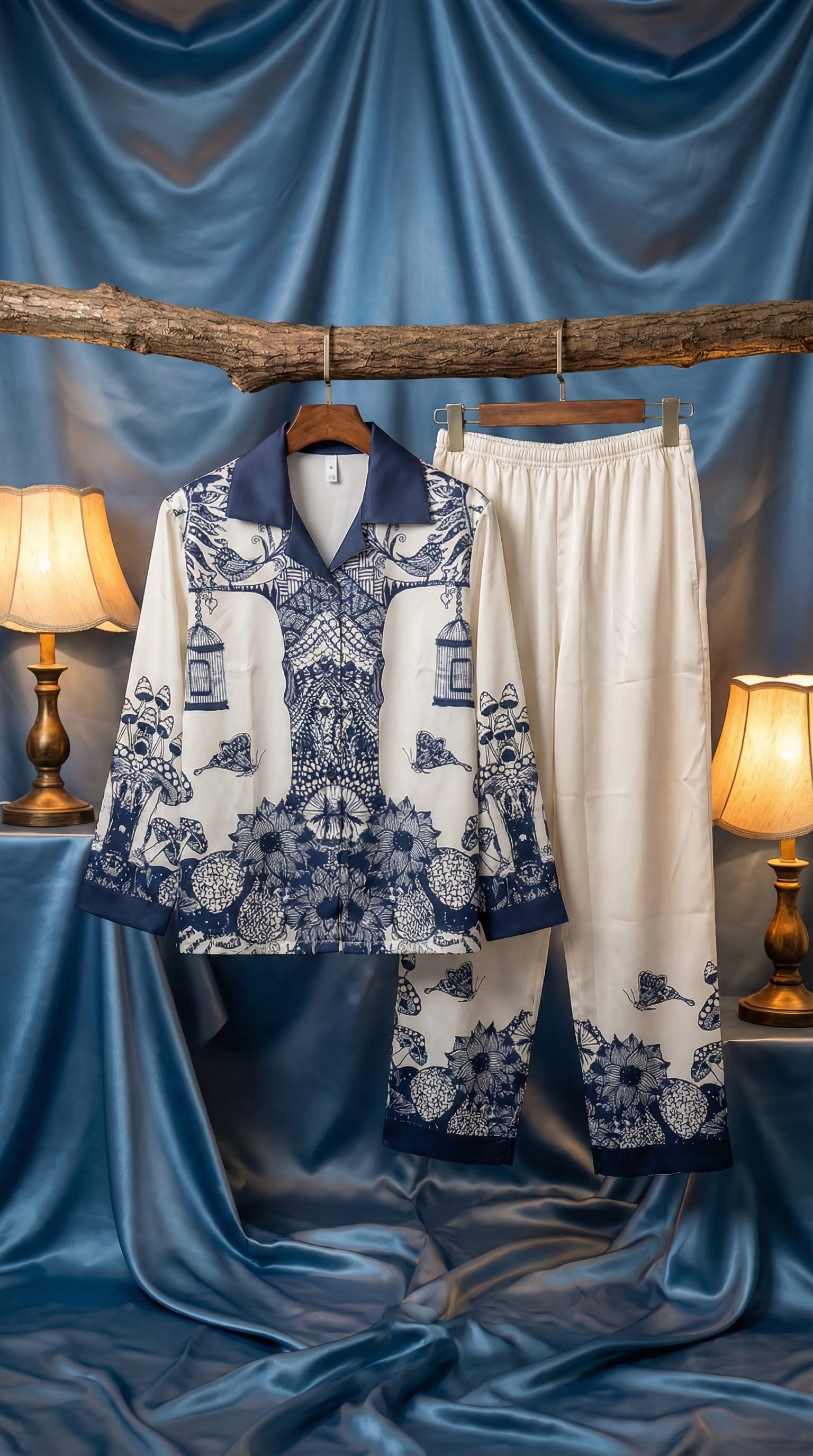 Women's White & Blue Satin PJ Set - Butterfly & Birdcage Print