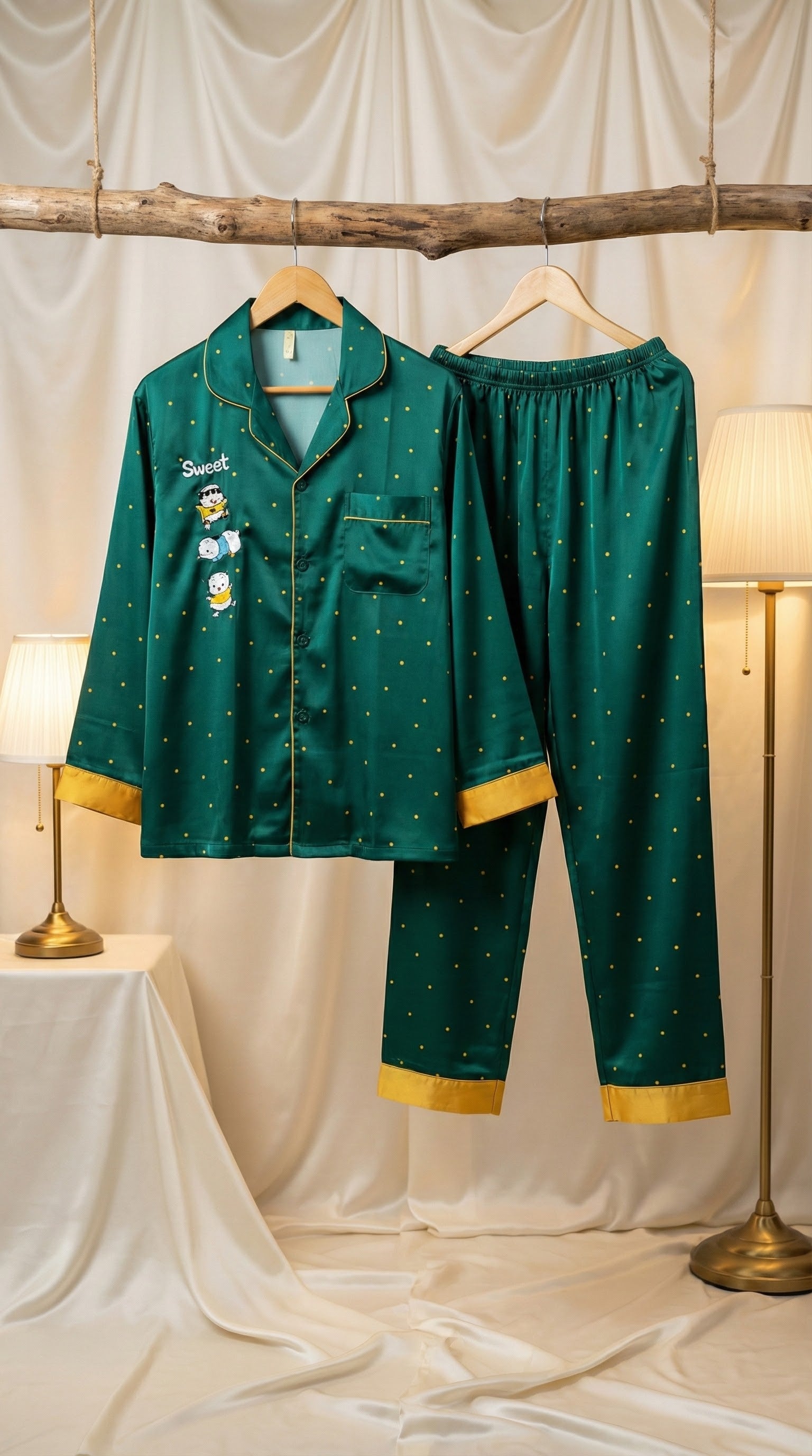 Emerald Green Satin Polka Dot Pajama Set