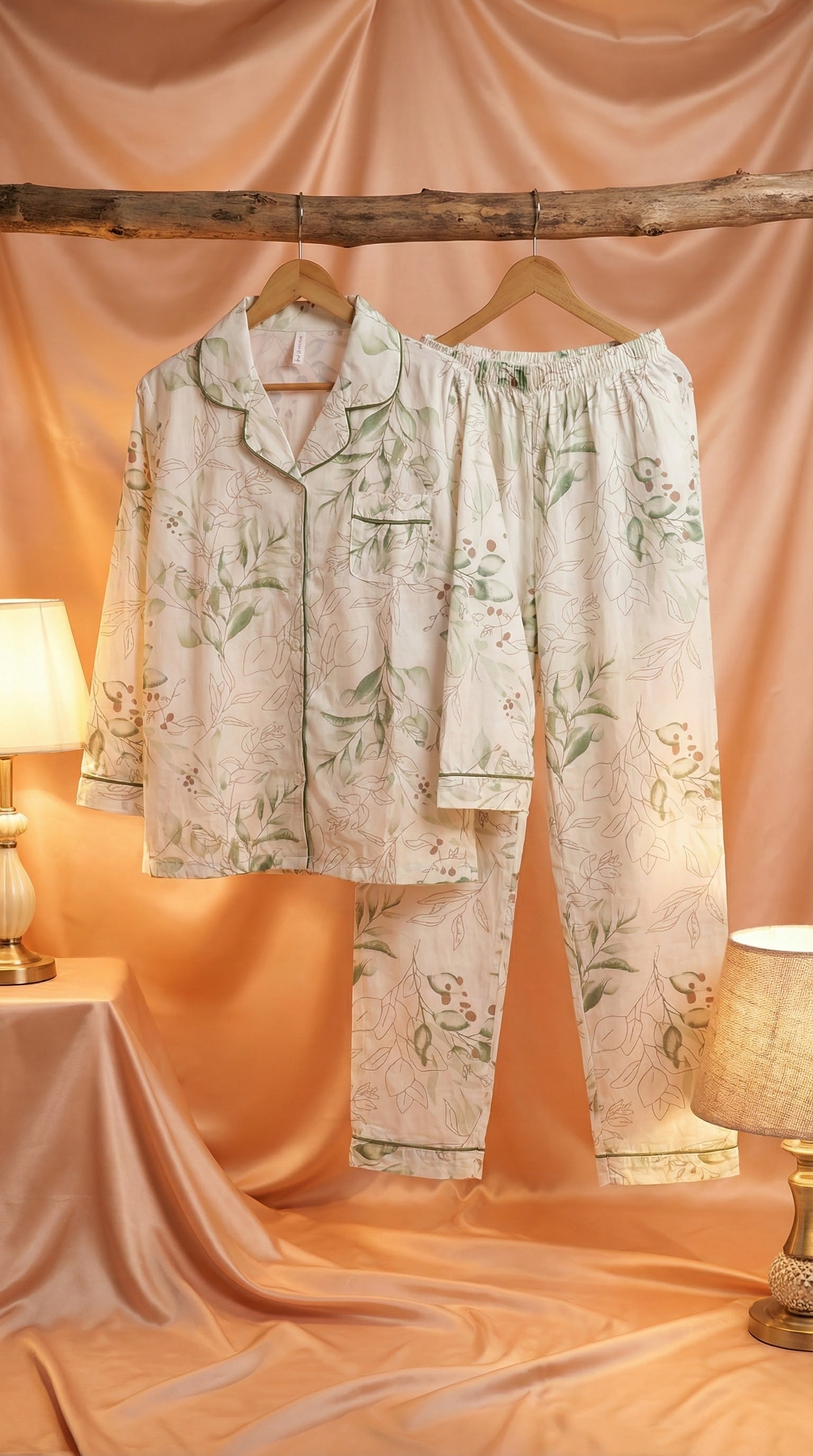 Floral Loungewear/Nightwear Set – Soft Ivory & Sage