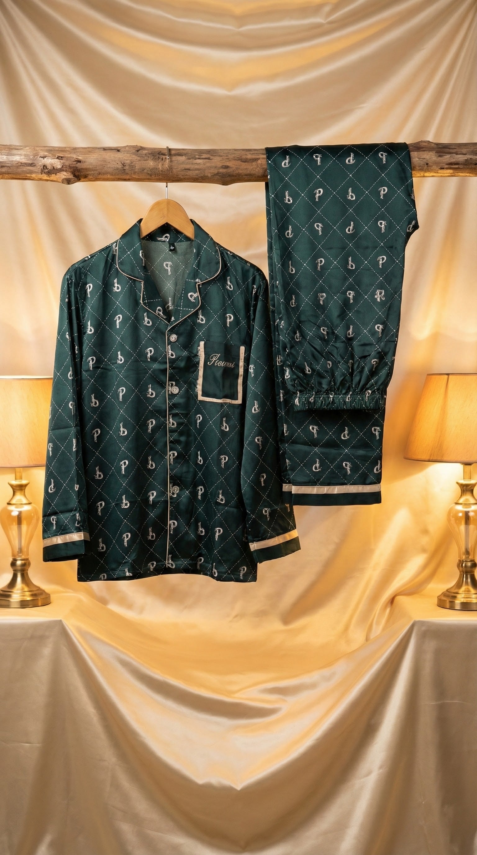 Emerald Satin Diamond Print PJ Set