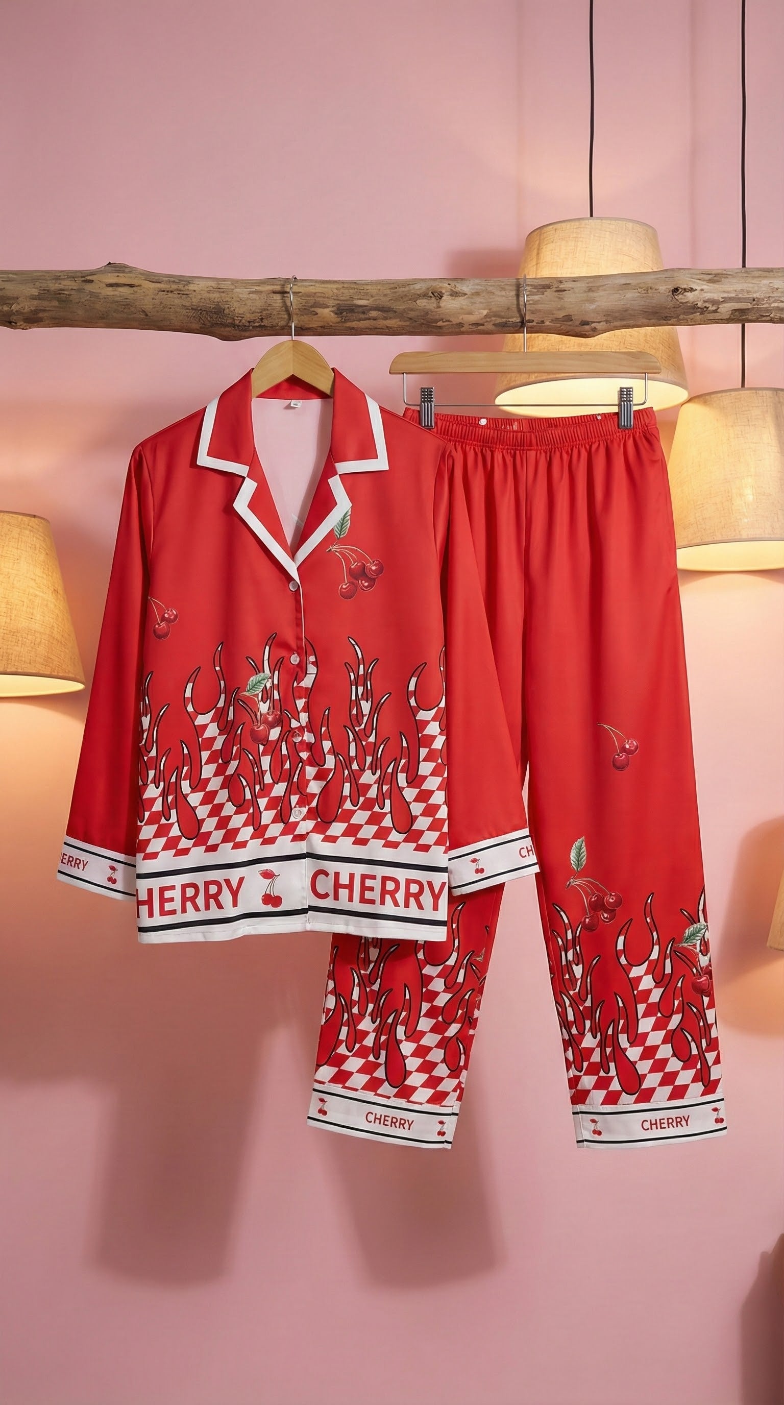 Cherry Flame Red Satin Pajama Set