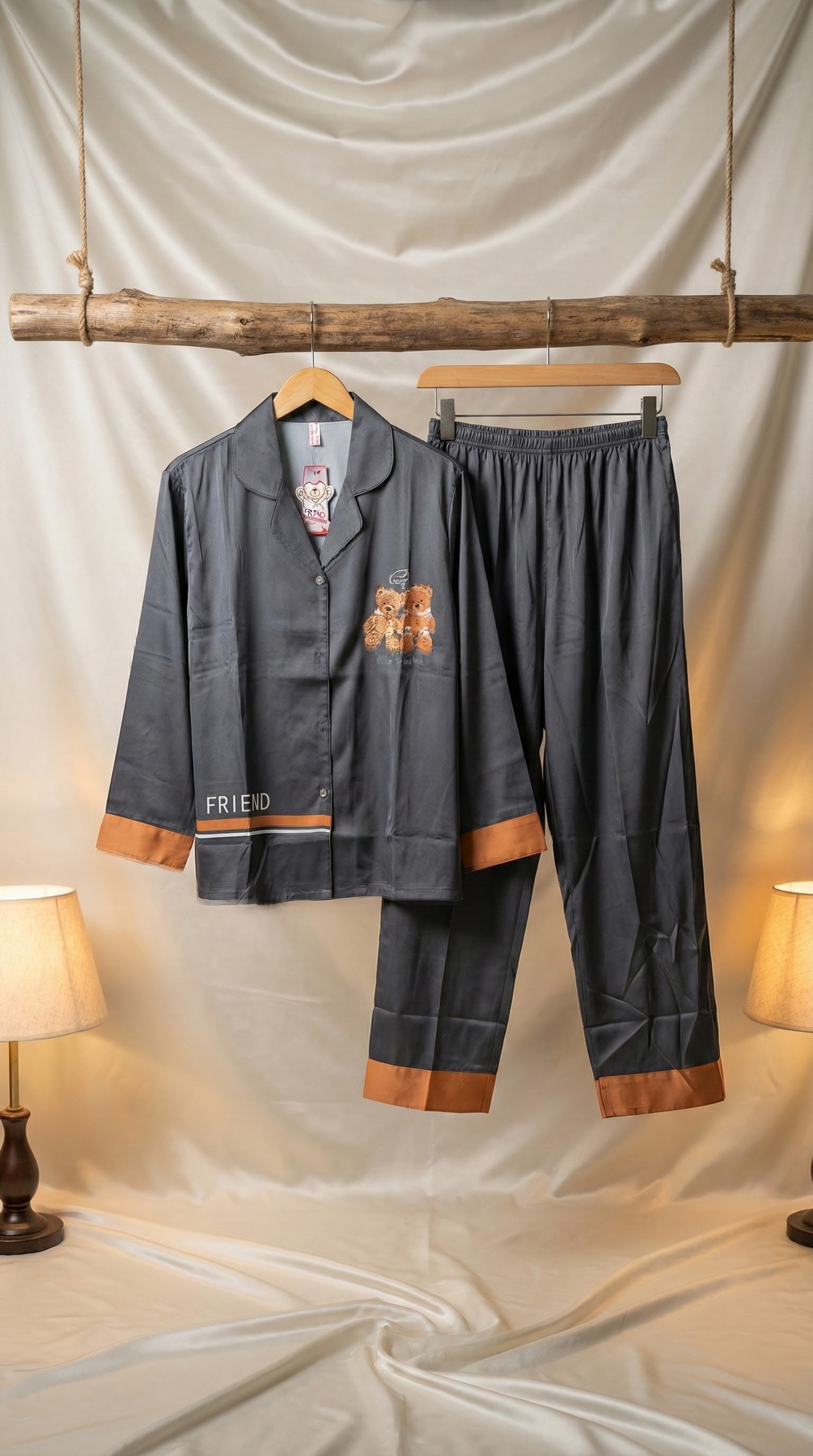 The "Best Friend" Bear Silky Lounge Set - Charcoal Grey