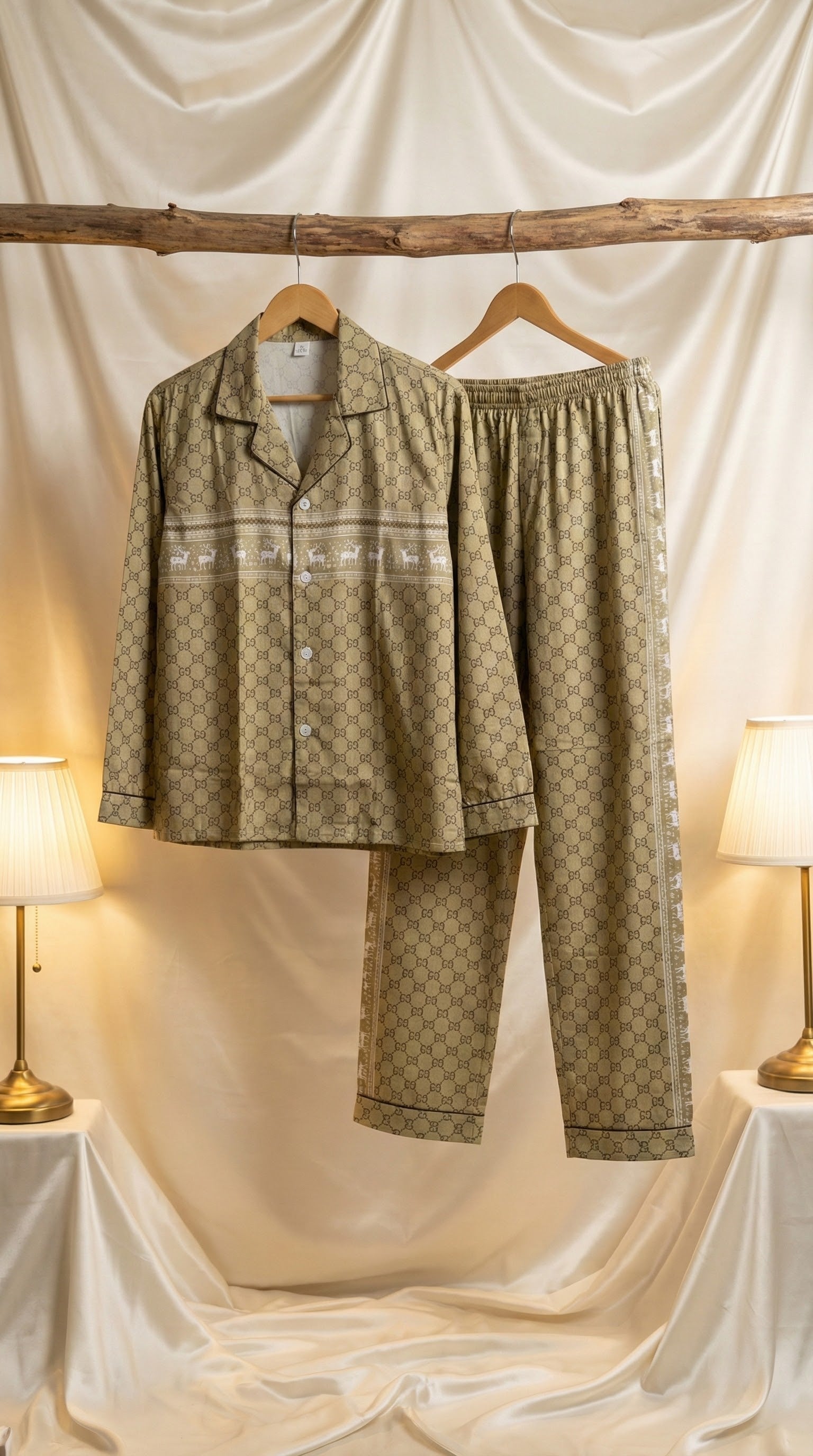 Golden Tan Geometric Pajama Set with Reindeer Border